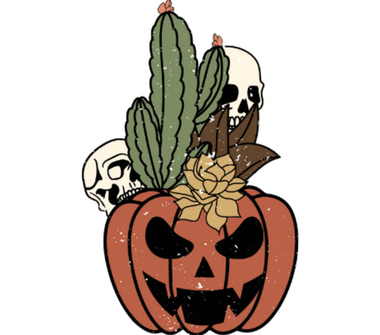 Halloween Pumpkin Skull and Cactus Print, Spooky Fall Decor Wall Art, Autumn Seasonal Illustration