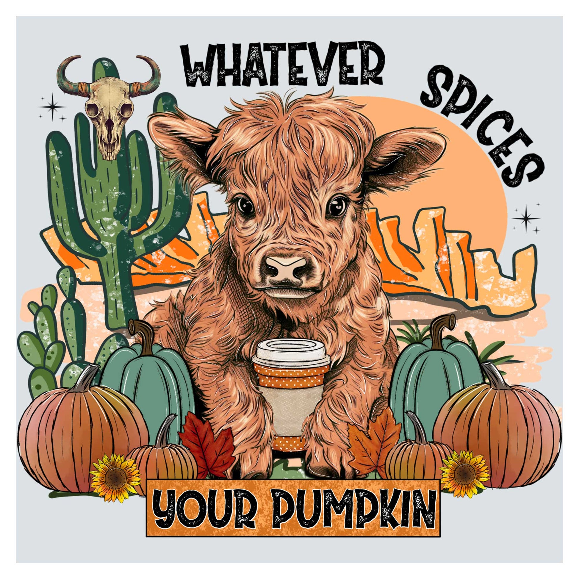 a cow with a cup of coffee in front of a cactus