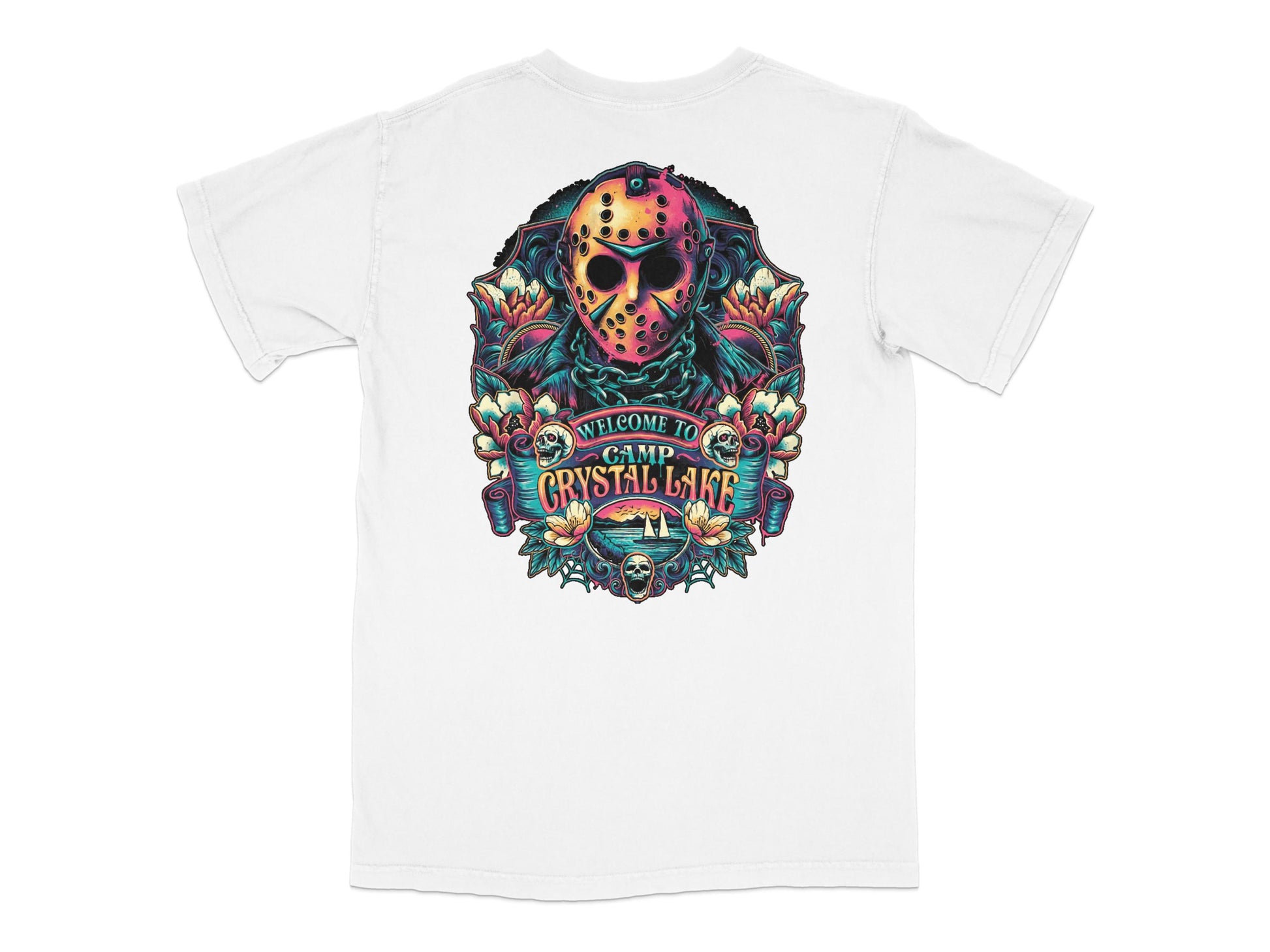 Camp Crystal Lake T-Shirt, Horror Movie Fan Apparel, Jason Mask Graphic Tee, Unisex White Shirt