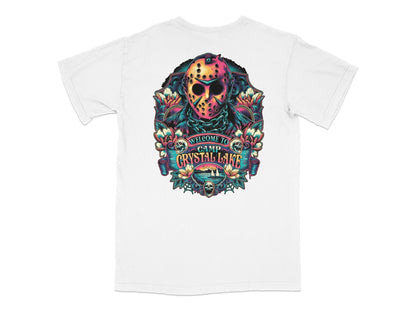 Camp Crystal Lake T-Shirt, Horror Movie Fan Apparel, Jason Mask Graphic Tee, Unisex White Shirt