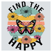 a poster with flowers and a butterfly that says find the happy