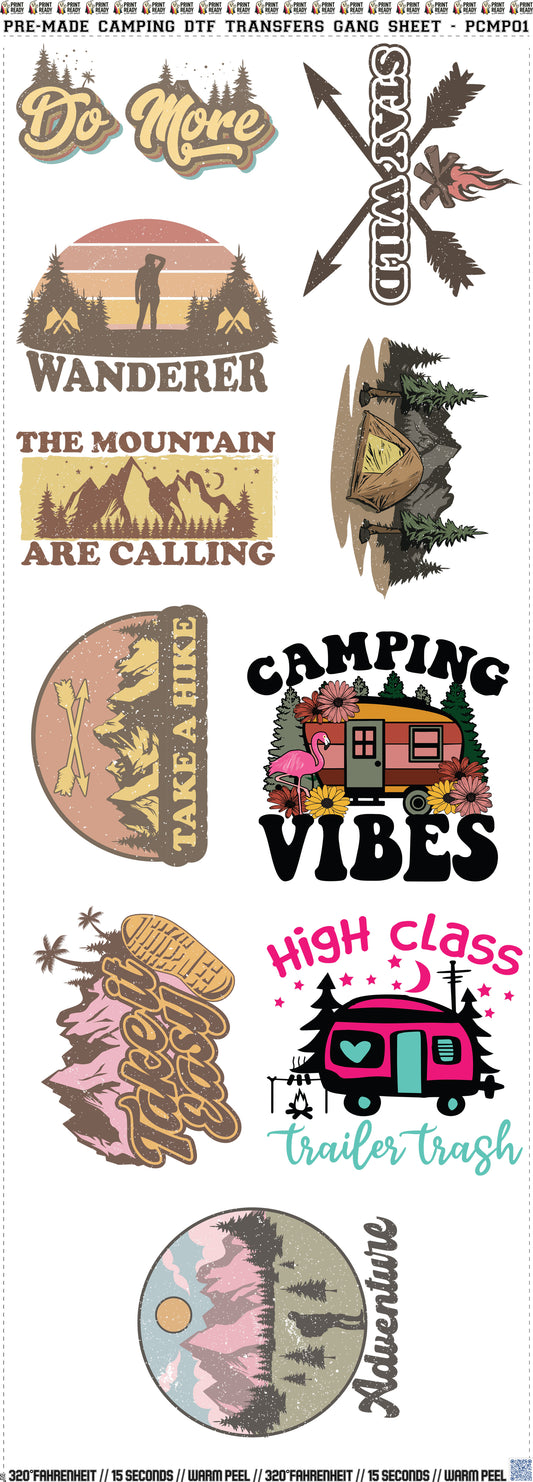 Pre-Made Camping DTF Transfers Gang Sheet- PCMP01