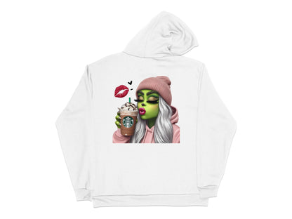 Witch Sipping Coffee Hoodie, Cute Witch Green Face Girls Fall Sweatshirt, Autumn Witchcraft Casual Outfit