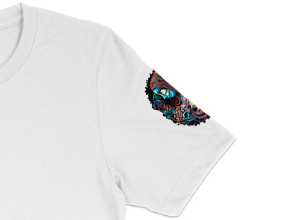 White T-Shirt with Colorful Paisley Sleeve Design, Unique Graphic Tee, Casual Wear, Fashion Top
