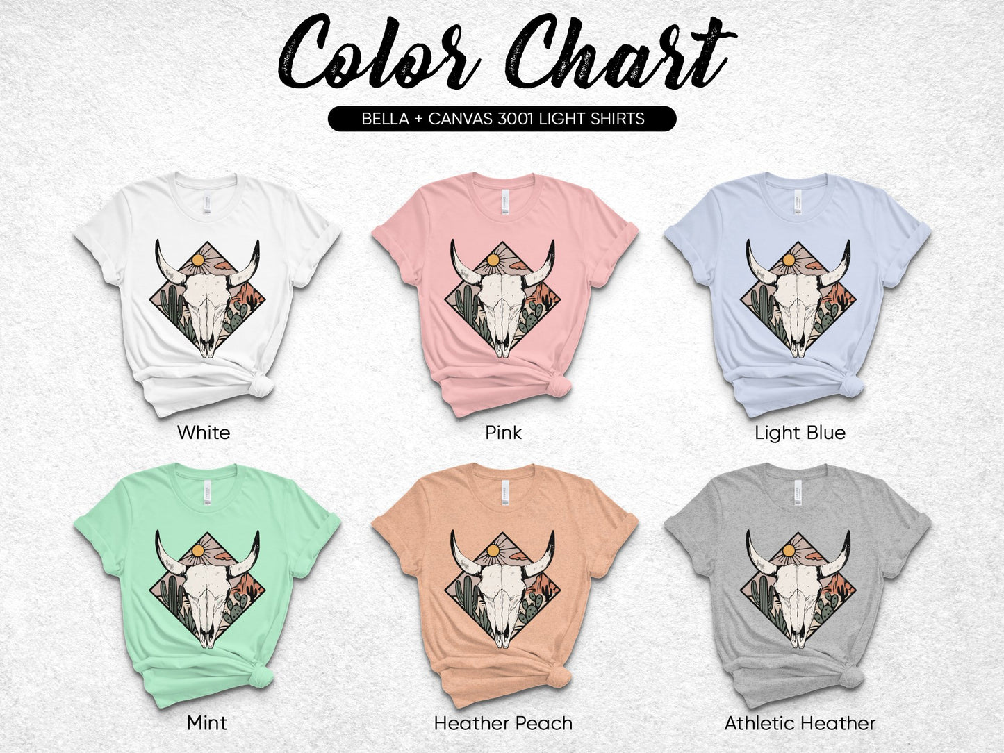 Geometric Bull Skull T-Shirt, Bella Canvas 3001, Various Colors, Light Blue, Pink, Mint, Heather Peach