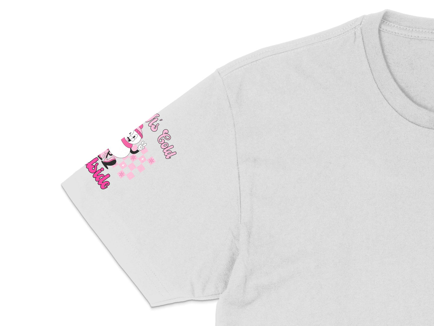 Cute Pink Cat T-Shirt, Women's Casual Checkered Sleeve, Graphic Tee, Kawaii Apparel