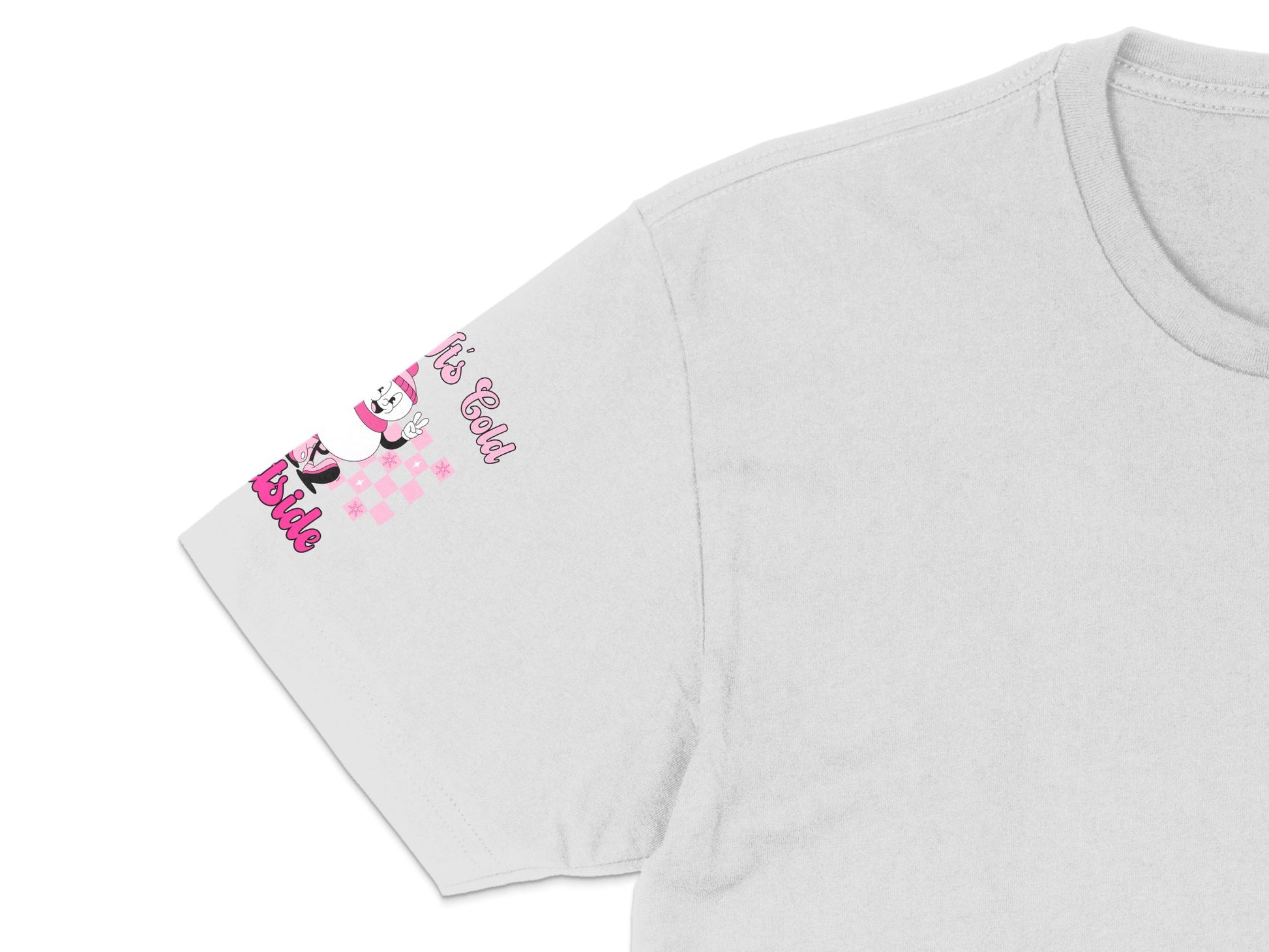 Cute Pink Cat T-Shirt, Women's Casual Checkered Sleeve, Graphic Tee, Kawaii Apparel