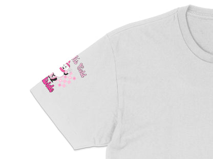 Cute Pink Cat T-Shirt, Women's Casual Checkered Sleeve, Graphic Tee, Kawaii Apparel