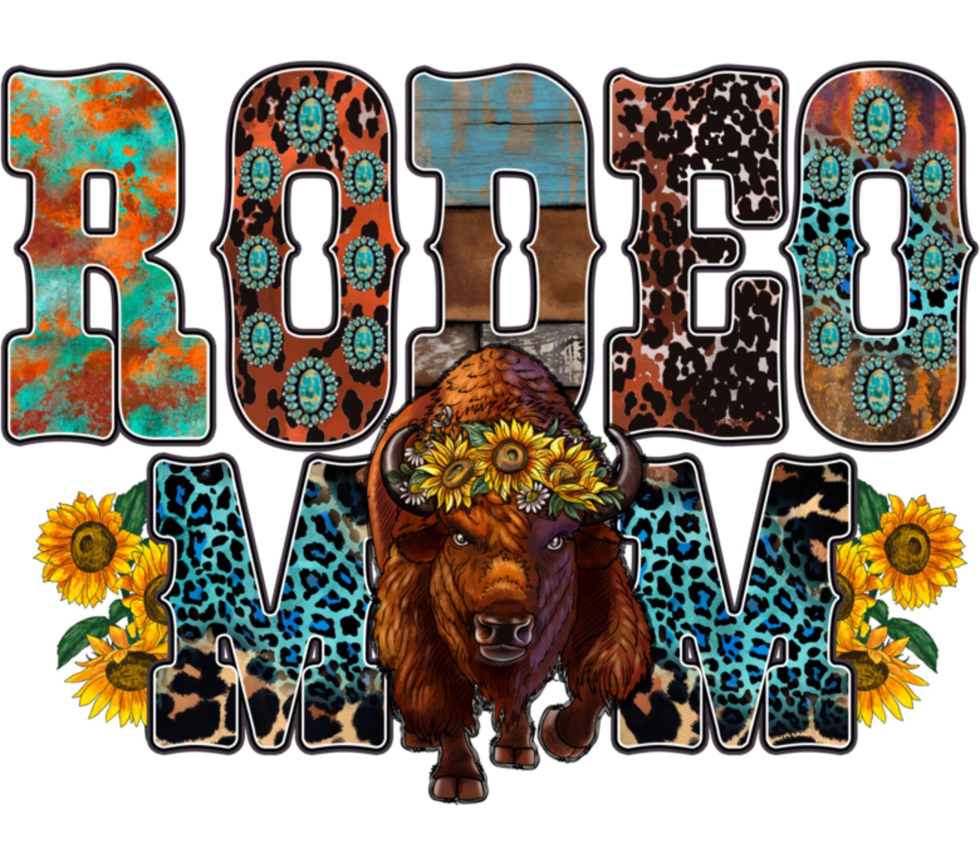 Colorful Rodeo Themed Wall Art, Buffalo with Sunflowers, Rustic Western Decor, Turquoise Animal Print