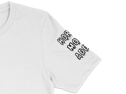 White Crew Neck T-Shirt with Black Text Embroidery, Casual Cotton Tee, Unisex Fashion Top