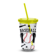 Baseball Themed Insulated Tumbler with Straw, Sports Drinkware, Travel Cup, Gift for Baseball Fans, Yellow Straw, Star Accents