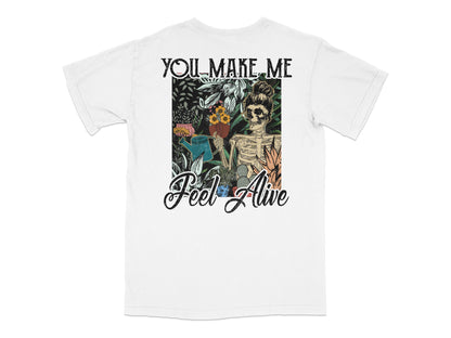 Vintage Skeleton Graphic T-Shirt, 'You Make Me Feel Alive' Quote, Floral Tee, White Cotton Shirt, Hipster Clothing, Unique Gift Idea