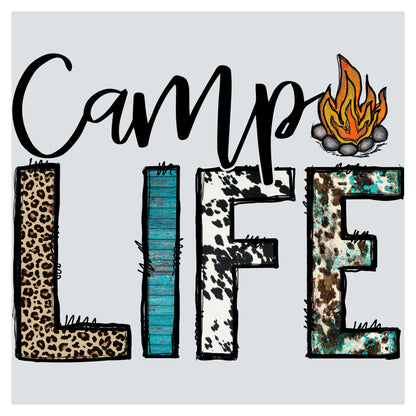 a sign that says camp life with a fire in the background