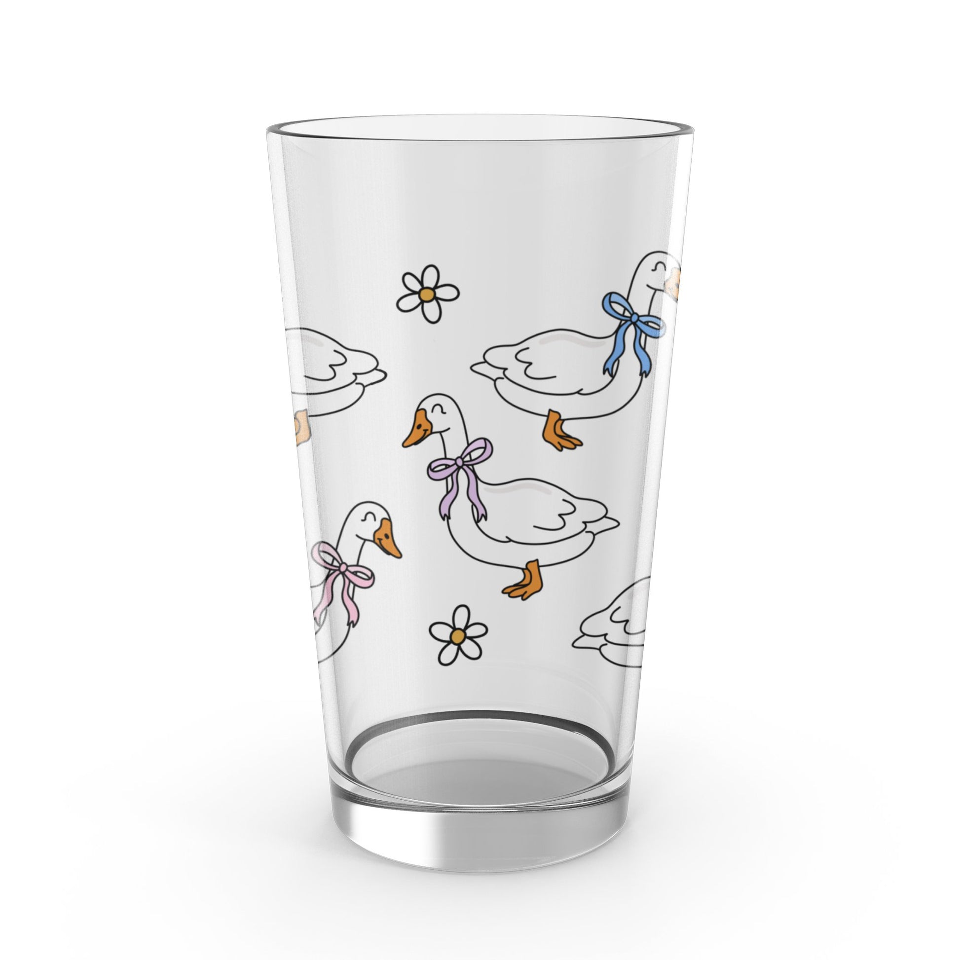 Cute Duck Glass Tumbler, Cartoon Ducks with Scarves, Floral Accents, Unique Drinkware for Home