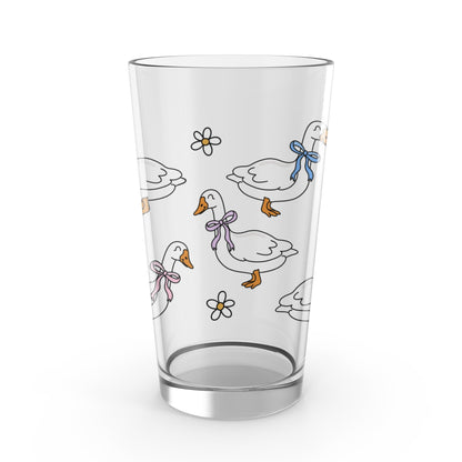 Cute Duck Glass Tumbler, Cartoon Ducks with Scarves, Floral Accents, Unique Drinkware for Home