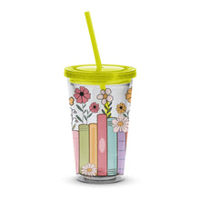 Floral and Books Design Tumbler with Straw, Colorful Insulated Travel Cup, Gift for Readers and Garden Lovers