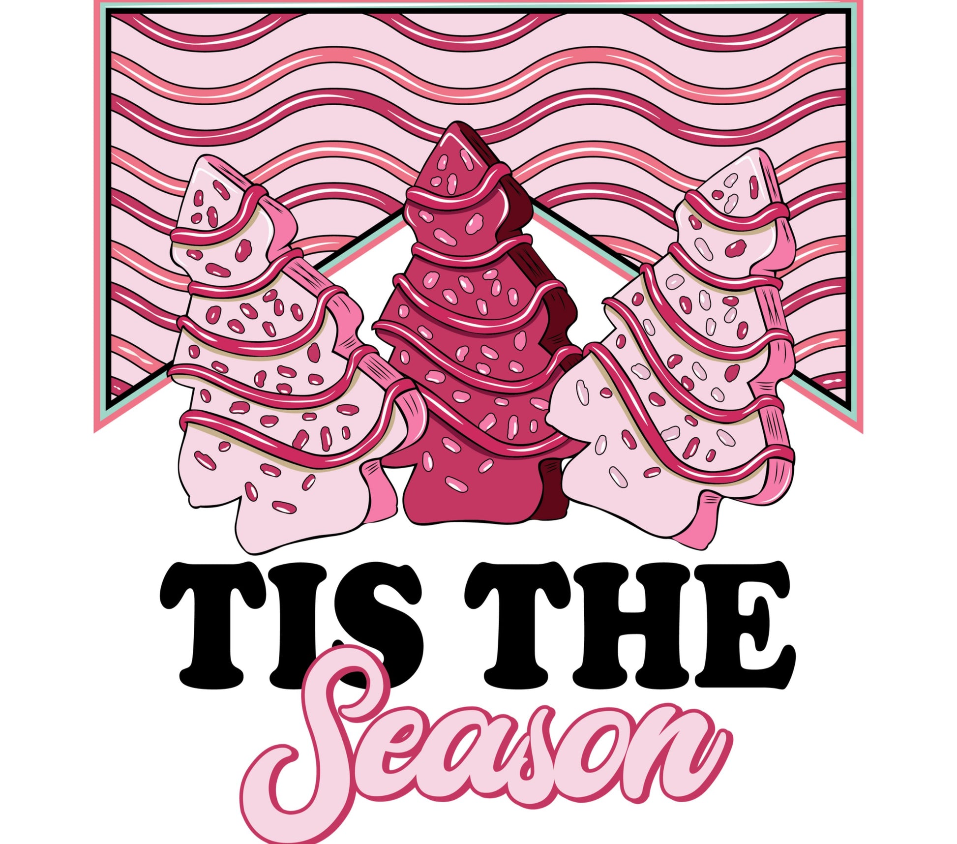 Festive Pink Christmas Trees Art Print, Tis The Season Holiday Wall Decor, Colorful Winter Home Decoration