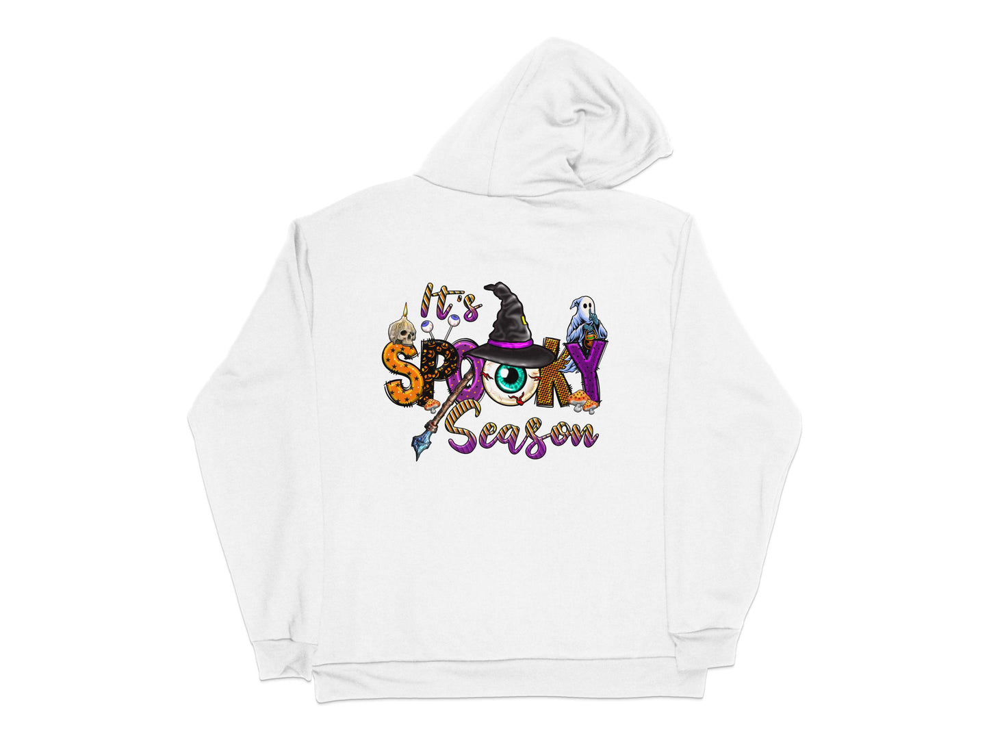 Spooky Season White Hoodie, Halloween Witch and Ghost Graphic, Unisex Fall Fashion Sweatshirt