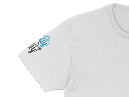 White T-Shirt with Blue Coffee Cup Design, Casual Graphic Tee, Unisex Cotton Shirt