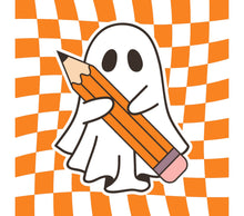 Cute Ghost Holding Pencil Print, Orange Checkered Background, Fun Halloween Decor