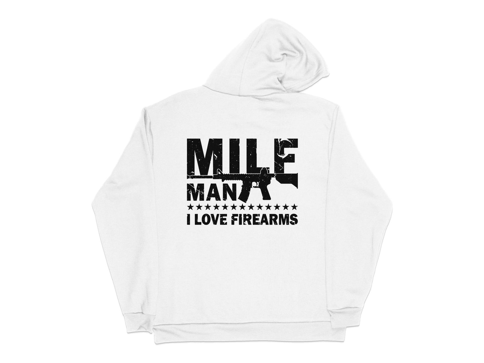 Men's White Hoodie with Black Mile Man I Love Firearms Print, Casual Pullover Sweatshirt