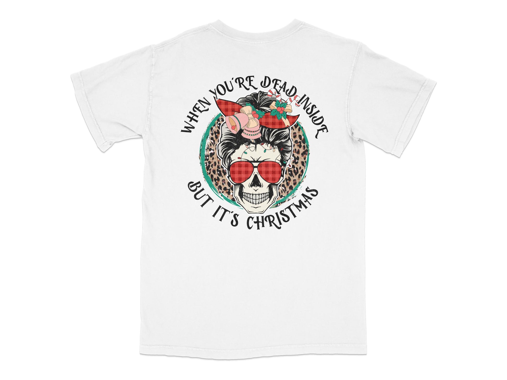 Dead Inside Christmas T-Shirt, Skull Santa Hat Holiday Tee, Funny Gothic Xmas Gift, Unisex White Shirt