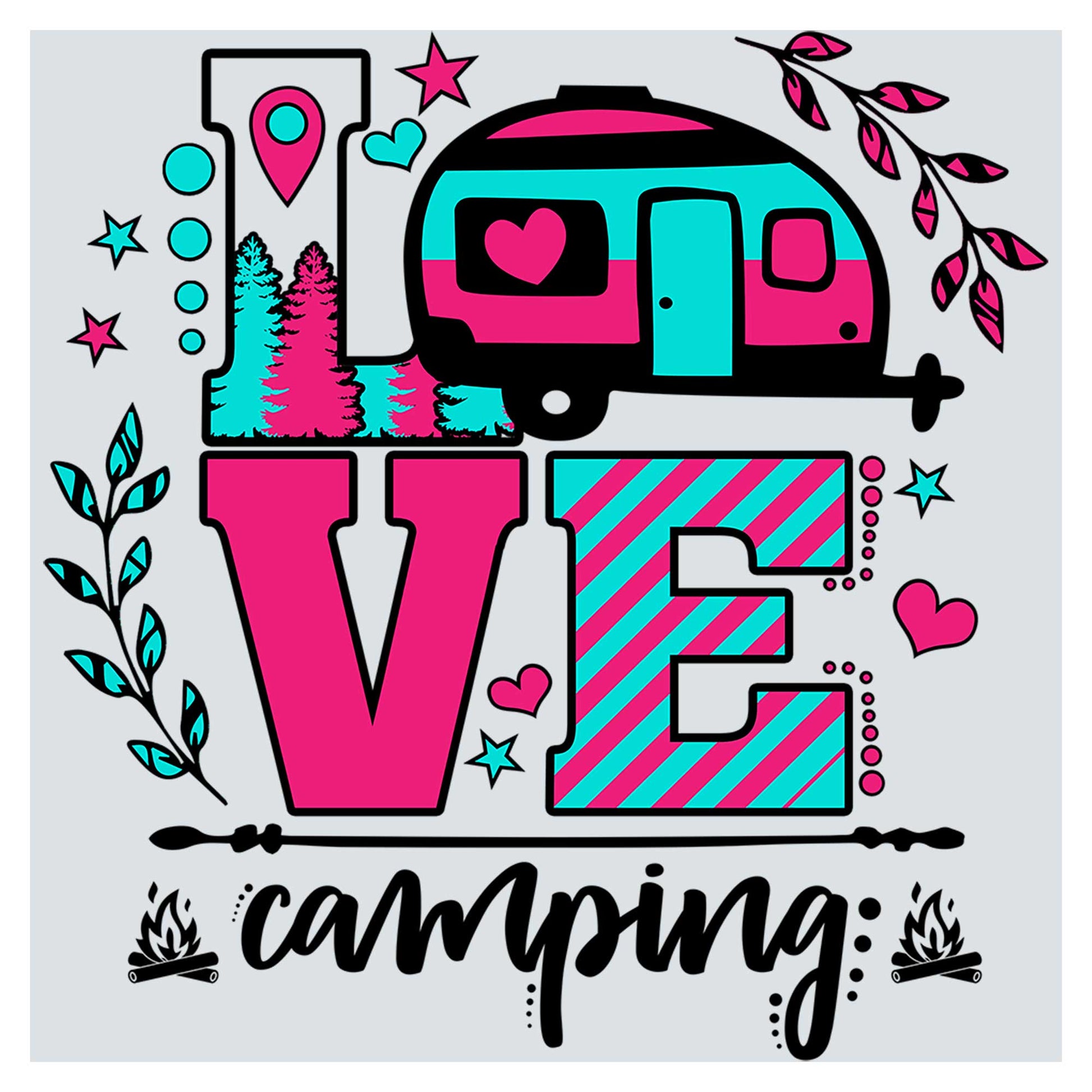 a poster with a camper and trees in the background