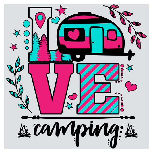a poster with a camper and trees in the background
