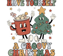 Groovy Christmas Mug and Tree Cartoon Graphic T-Shirt, Festive Holiday Apparel, Colorful Xmas Tee