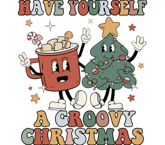 Groovy Christmas Mug and Tree Cartoon Graphic T-Shirt, Festive Holiday Apparel, Colorful Xmas Tee