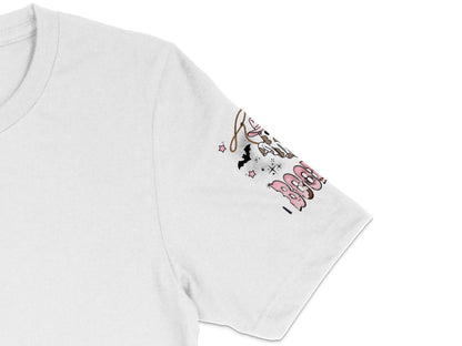 White T-Shirt with Pink Embroidered Design, Stylish Casual Wear, Unique Graphic Tee