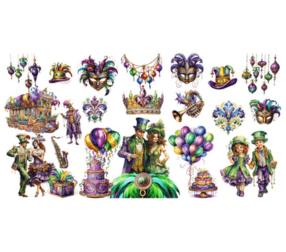 Mardi Gras Clipart Set, Carnival Masks, Parade Floats, Festive Costumes, Digital Download, New Orleans Theme Party Decorations