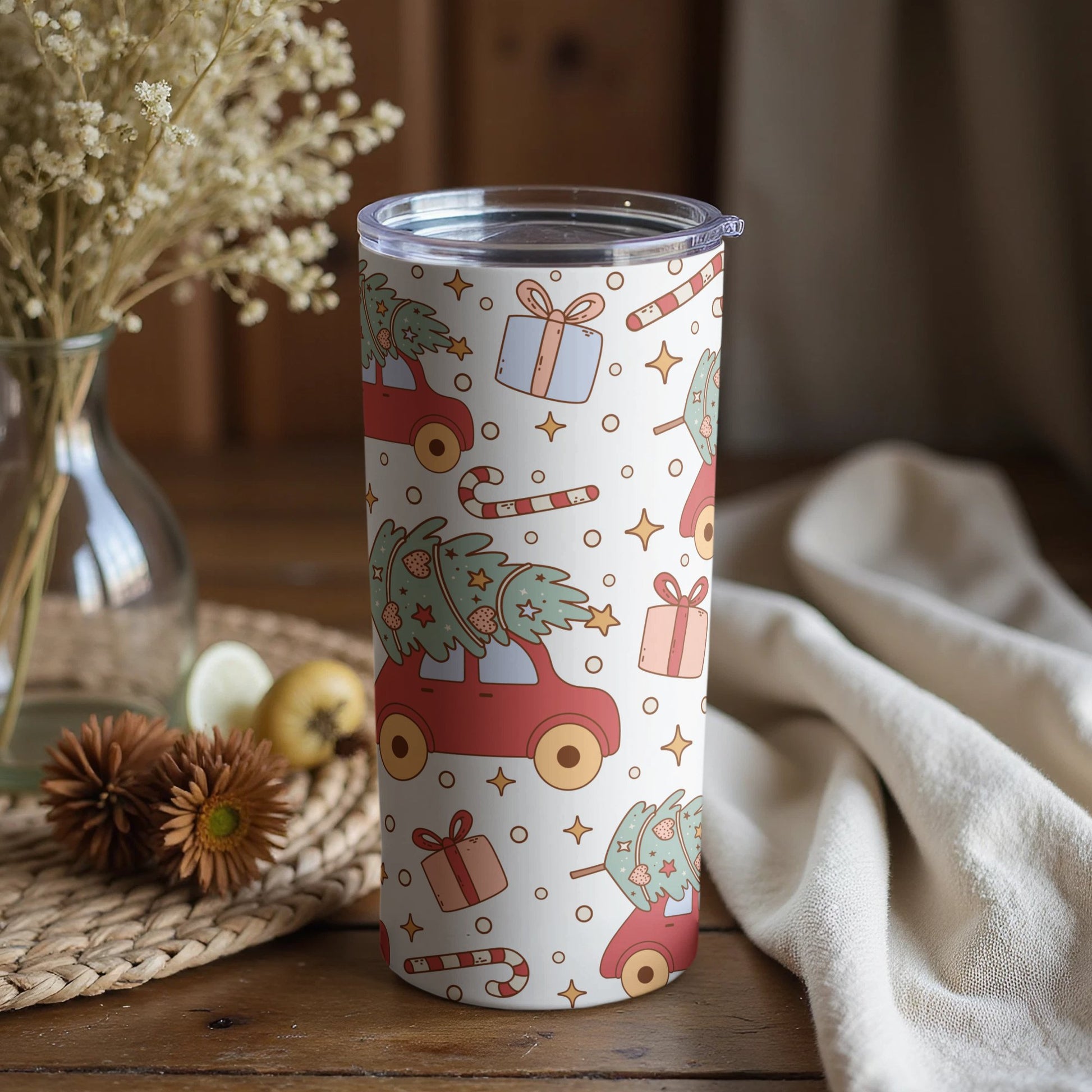 Festive Holiday Tumbler, Insulated Christmas Themed Travel Mug with Lid, Reindeer and Gifts Pattern