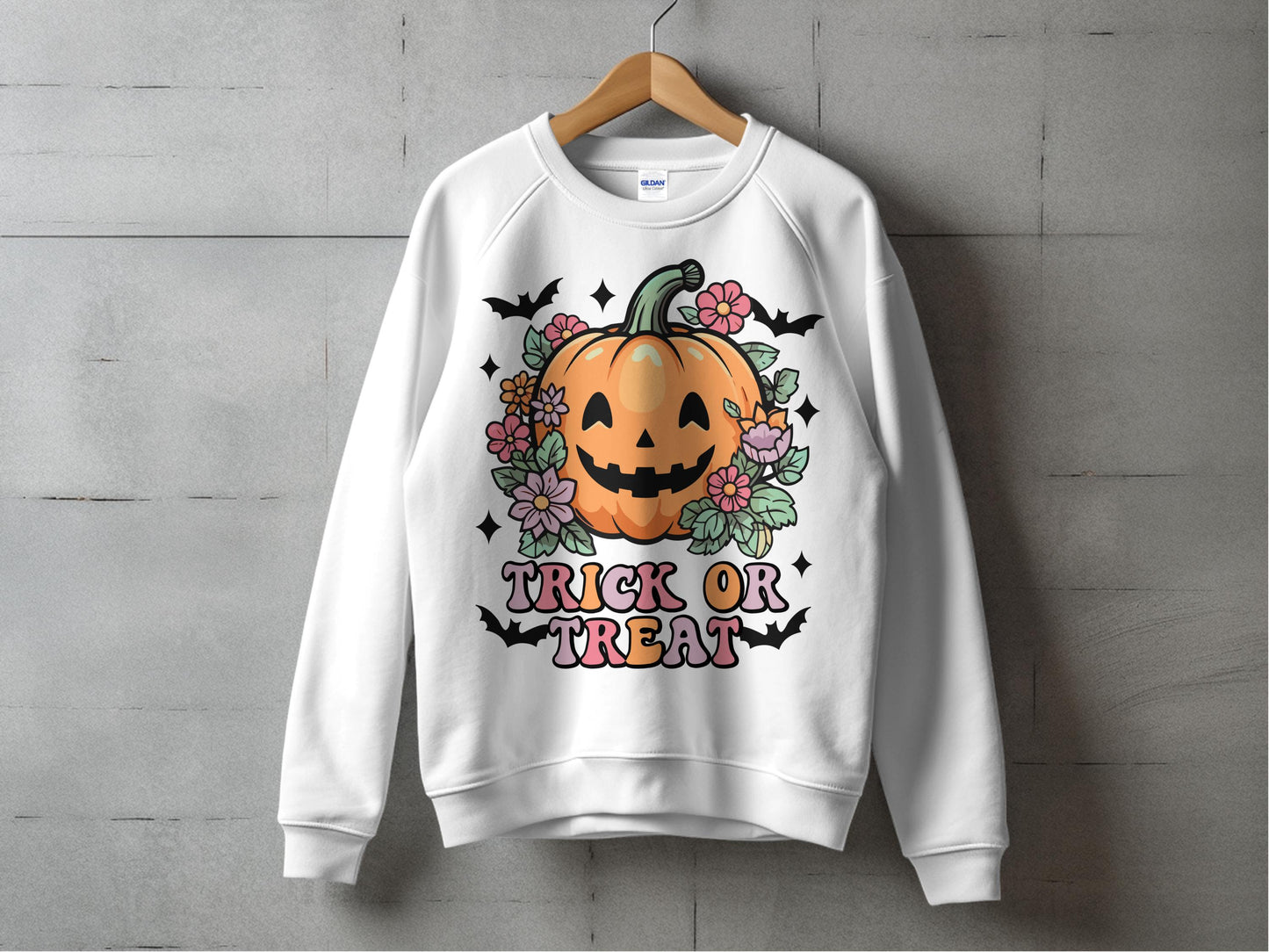 Halloween Pumpkin Sweatshirt, Trick or Treat Floral Graphic, Autumn Festival Apparel, Unisex Adult Clothing