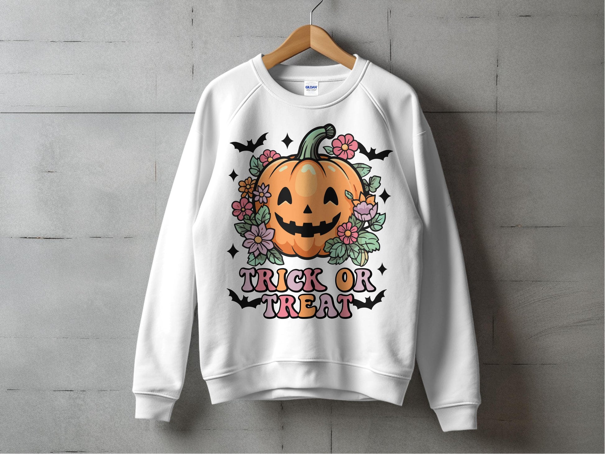 Halloween Pumpkin Sweatshirt, Trick or Treat Floral Graphic, Autumn Festival Apparel, Unisex Adult Clothing