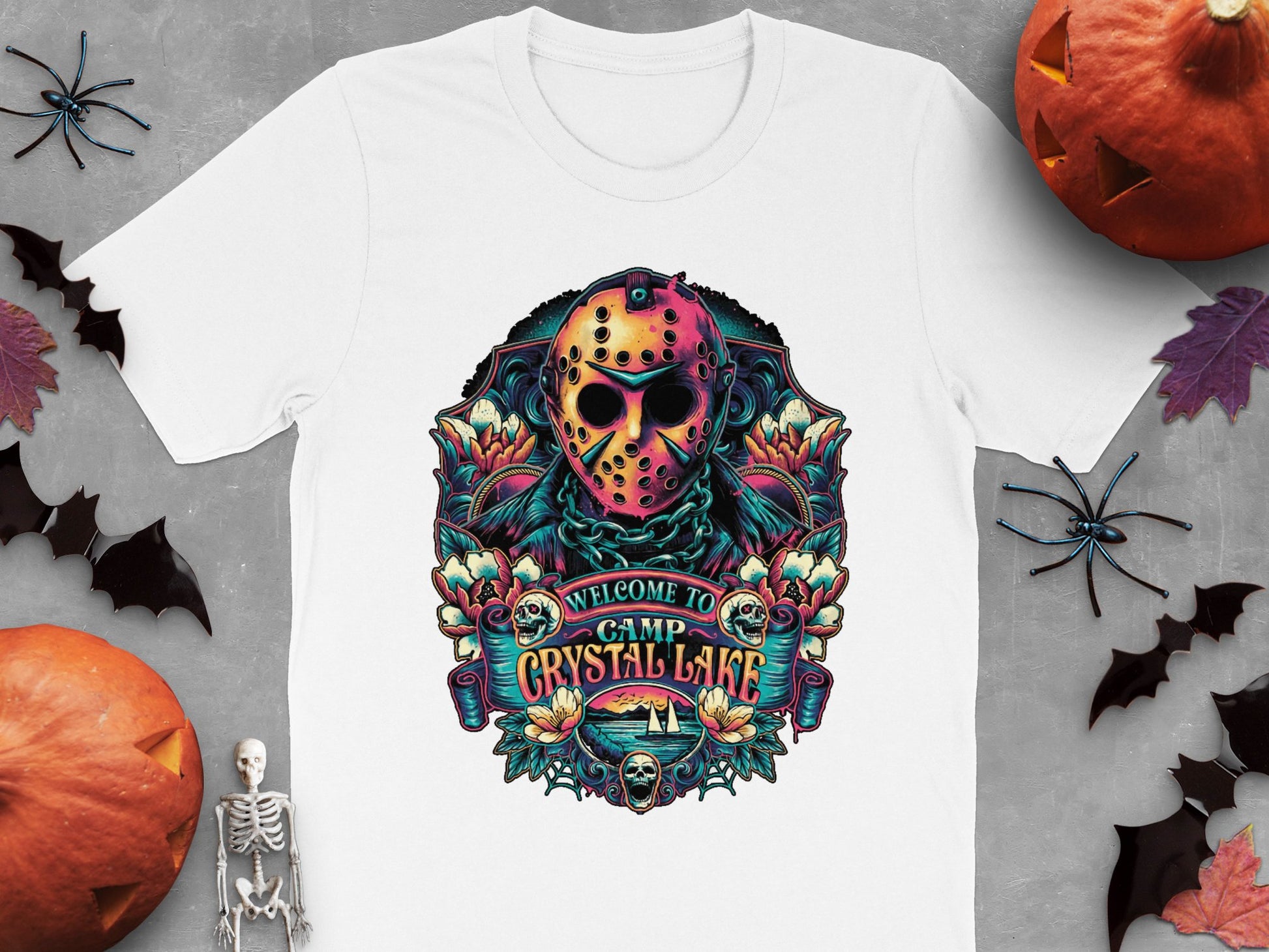 Halloween Crystal Lake Camp T-Shirt, Spooky Skull Graphic Tee, Horror Movie Inspired, Unisex Cotton Shirt