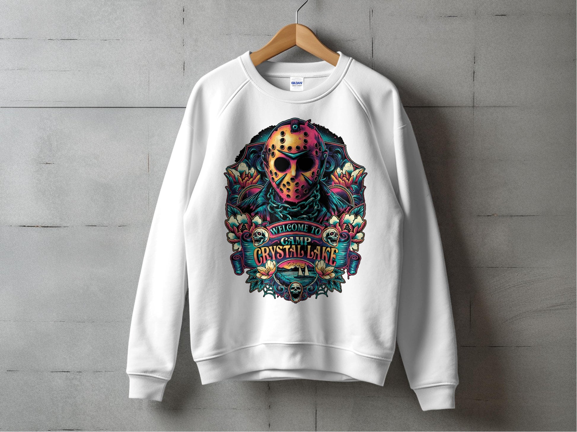 Unisex White Sweatshirt with Colorful Skull Graphic, Welcome to Crystal Lake, Floral Design