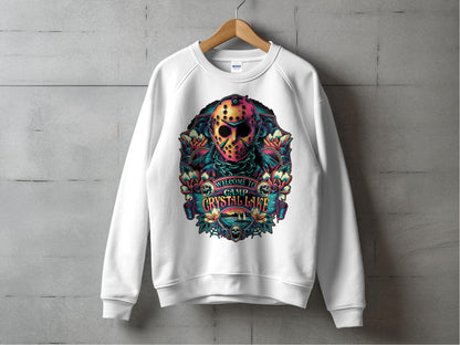 Unisex White Sweatshirt with Colorful Skull Graphic, Welcome to Crystal Lake, Floral Design