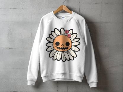 Day of the Dead Sweatshirt, Skull and Flower Graphic, Unisex White Pullover, Casual Comfortable Fall Clothing