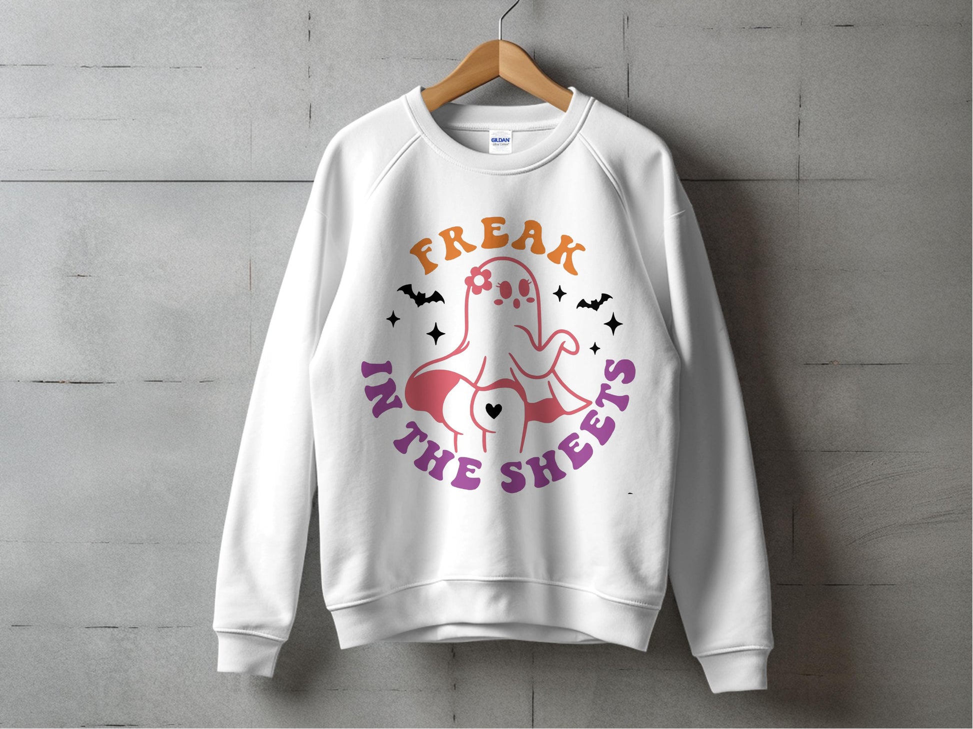 Halloween Ghost Sweatshirt, 'Freak in the Sheets' Funny Pun Spooky Apparel, Unisex Adult Crewneck Pullover, Fall Fashion