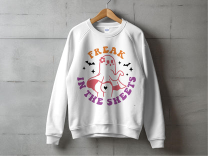 Halloween Ghost Sweatshirt, 'Freak in the Sheets' Funny Pun Spooky Apparel, Unisex Adult Crewneck Pullover, Fall Fashion