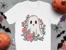 Cute Ghost T-Shirt with Floral Design, Halloween Graphic Tee, Unisex Adult Casual Wear, Spooky Flower Shirt