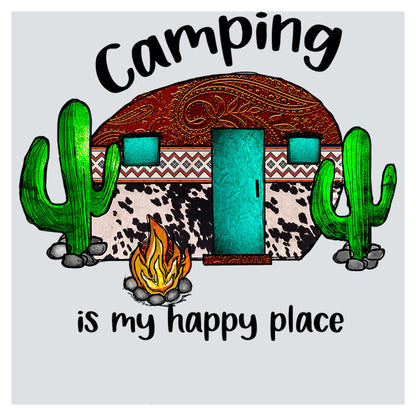 a drawing of a camper with a campfire in front of it