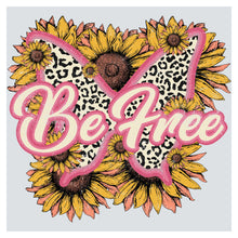a butterfly with sunflowers and the words be free