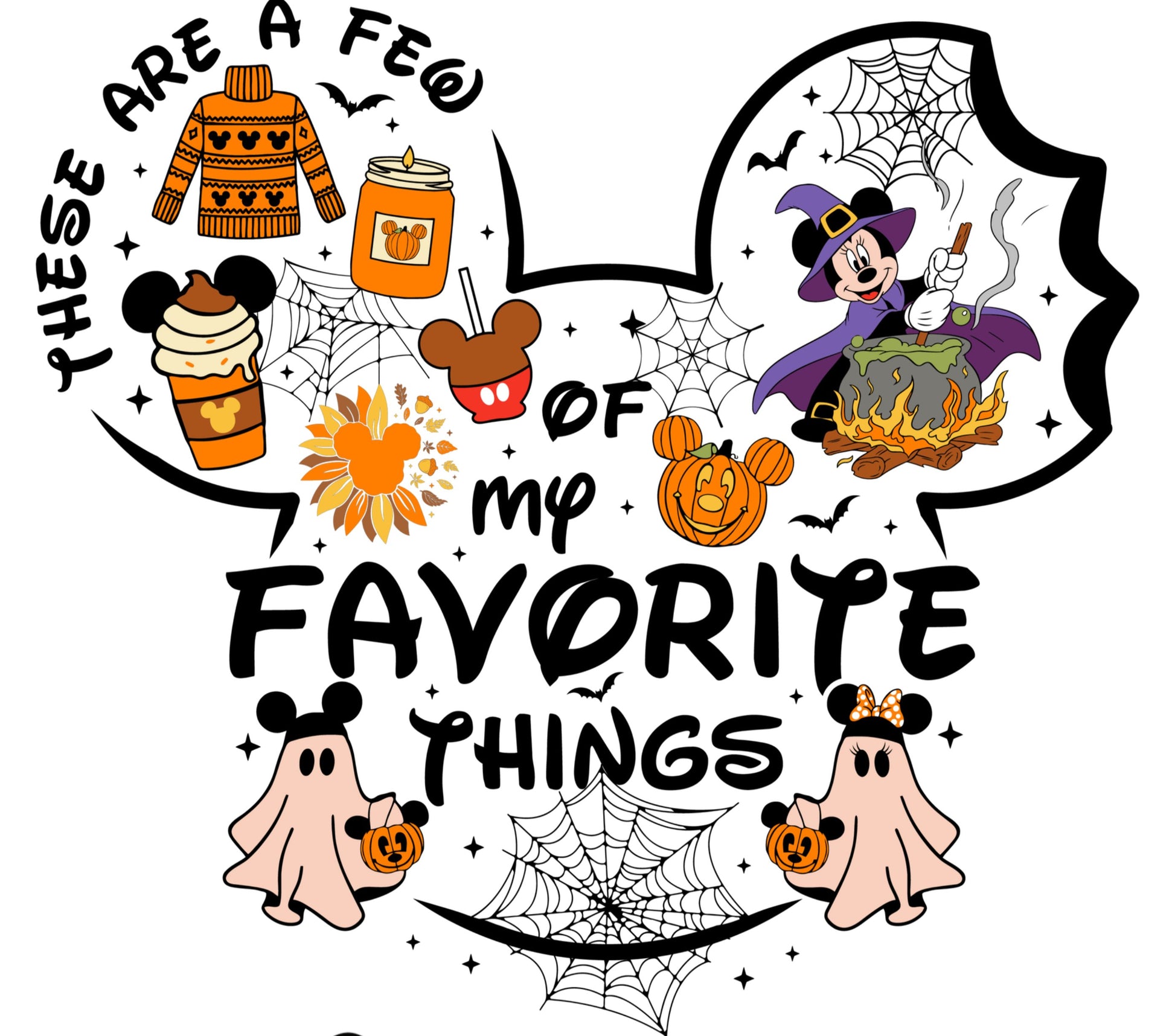Halloween Favorite Things T-Shirt Design, Witch, Pumpkin, Ghosts, Fall Graphic Tee, Spooky Season Illustration