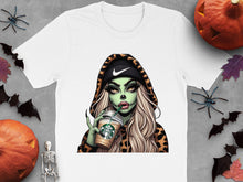 Halloween Zombie Witch Graphic T-Shirt, Leopard Print Hood, Spooky Autumn Fashion, Trendy Witchy Casual Wear