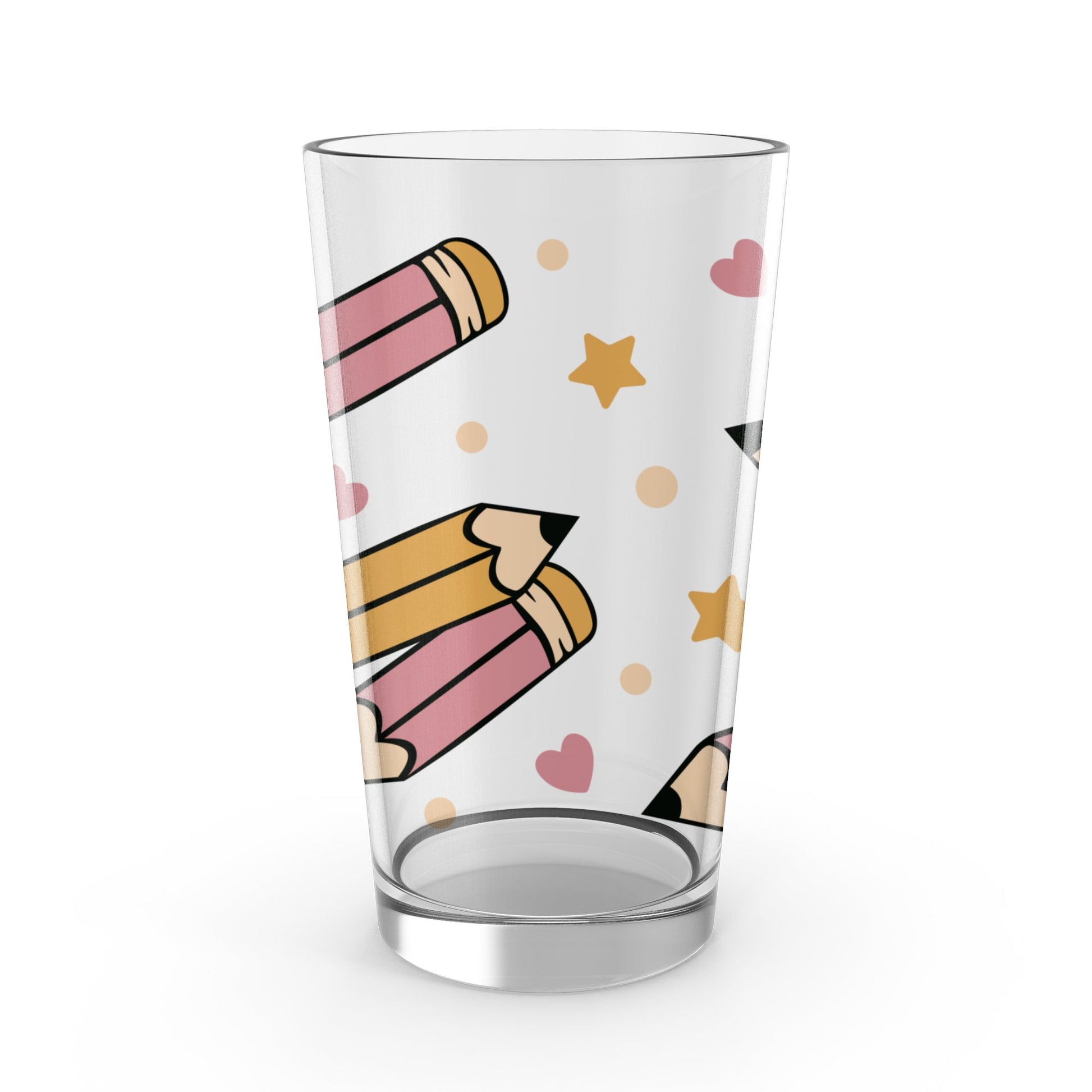 Cute Pencil and Stars Pattern Glass Tumbler, Kids Drinking Cup, Colorful School Theme Drinkware