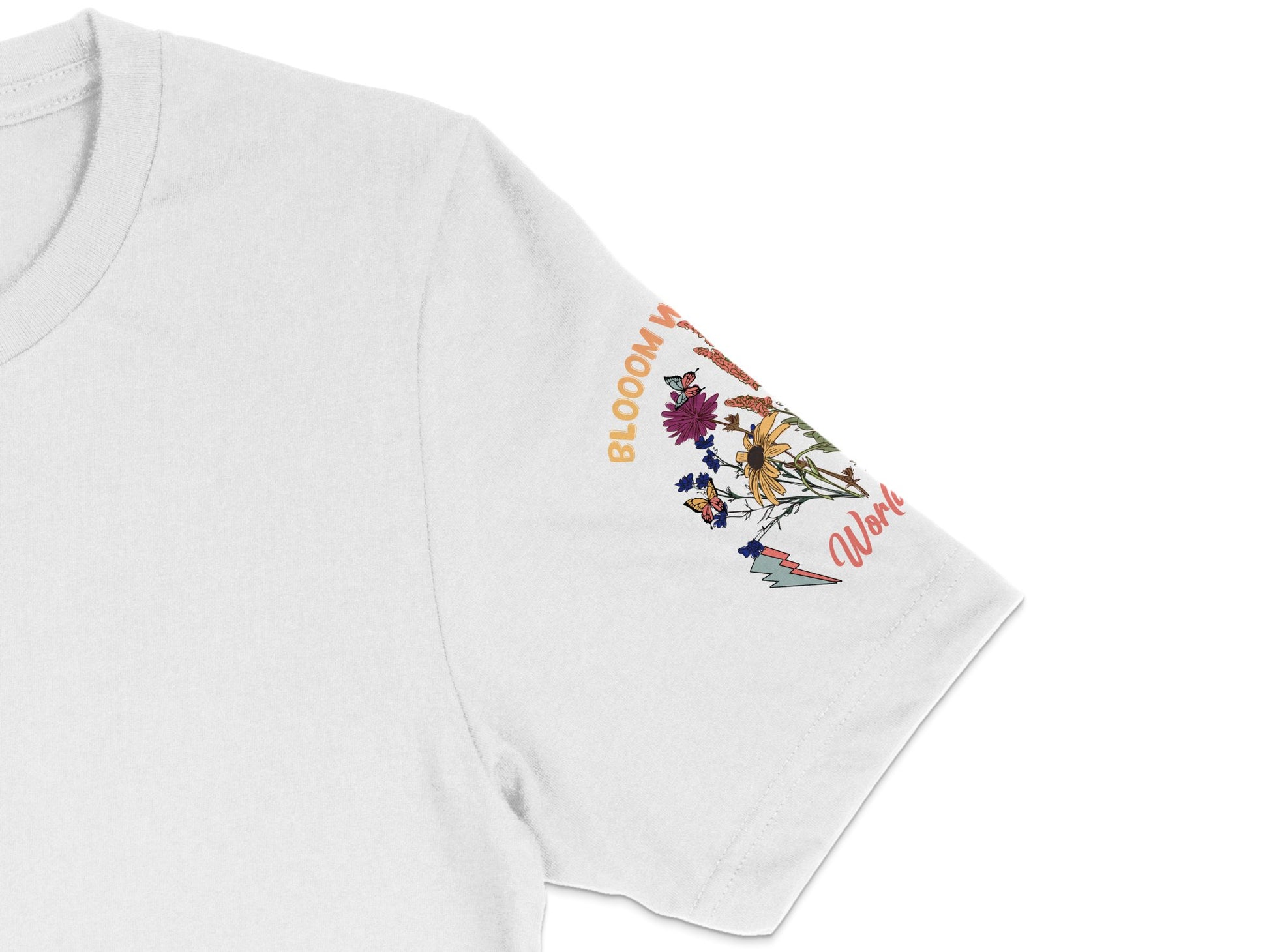 Floral Bloom Wildflower Embroidered Women's White T-Shirt, Casual Spring Fashion, Unique Flower Design Tee