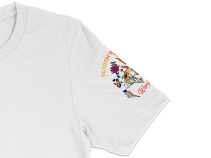 Floral Bloom Wildflower Embroidered Women's White T-Shirt, Casual Spring Fashion, Unique Flower Design Tee