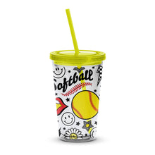Softball Themed Tumbler with Straw, Insulated Travel Cup, Sports Drinkware, Yellow Lid, Gift for Athletes